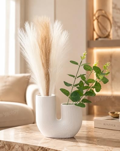 Image of Divyakosh Modern Double Mouth Vase with 3 Pampas Grass & 4 Eucalyptus Stems, White Ribbed Decorative Plastic Vase for Living Room, Center Table, Bedroom, Home Decor Gift Set