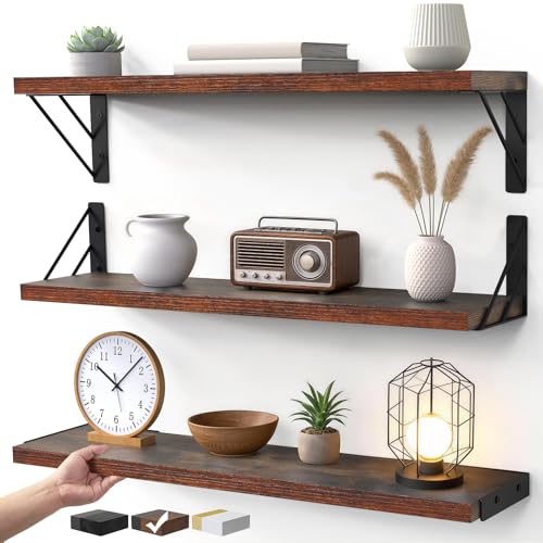 Image of BAYKA 23-in Floating Wall Shelves, Rustic Wood Wall Shelves for Bedroom, Bathroom, Kitchen & Living Room, Display Shelf for Books, Plants & Decor (Rustic Brown)