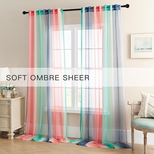 Image of XiDi Grey Pink and Green Curtains for Bedroom Girls Room Decor,Ombre Window Semi Sheer Curtains for Nursery Kids Room 96 Inch Length 2 Panels
