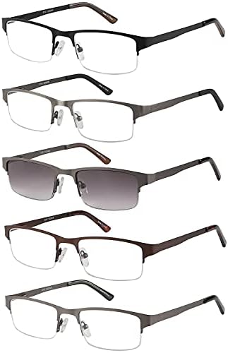 EYECEDAR Metal Half-Frame Reading Glasses Men 5-Pack Spring Hinges Stainless Steel Material Includes Sun Readers 2.00