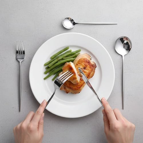 Image of 30 Pcs Silver Cutlery Set for Dining Table the Perfect Lightweight Silim Handle Tableware Including Dinner Spoon, Dinner Fork, Dinner Knife, Dessert Spoon & Dessert Fork