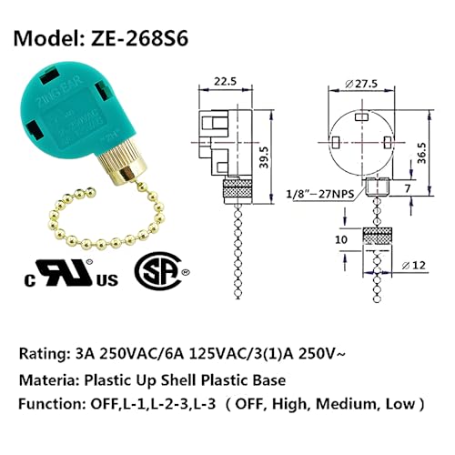 Image of Ceiling Fan Pull Chain Switch 3 Speed 4 Wire Zing Ear ZE-268S6 Ceiling Fan Pull Chain Cord Switch Replacement for Ceiling Fans,Wall Lamps,Cabinet Light (Golden Pull Chain)