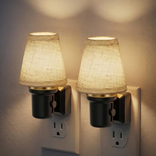 Image of JandCase LED Night Lights Plug into Wall, Linen Fabric Round Vintage Nightlight, Decorative Night Light with Dusk to Dawn Sensor, 0-100LM Dimmable, for Bedroom Living Room Hallway[2 Pack]