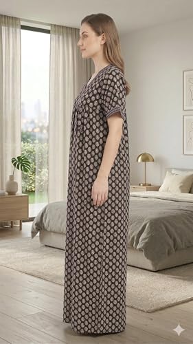 Image of Evolove Cotton Nighty Maxi for Women with Side Pocket | Floral Print Round Neck Short Sleeves Full Length Night Wear Gown