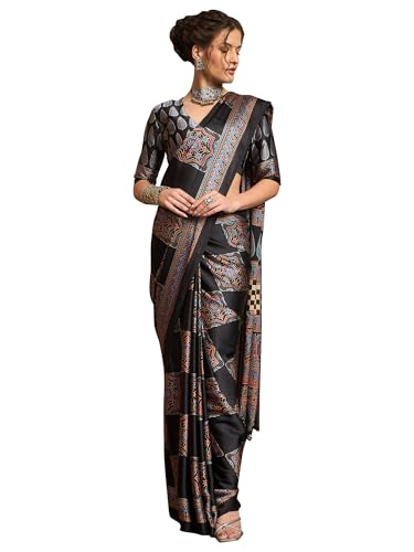 Image of AKHILAM Women's Pure Crepe Striped Printed Saree With Unstitched Blouse Piece