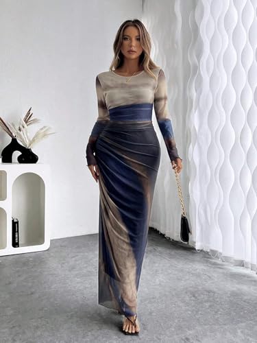 Image of LIGHT DOT Women's Printed Bodycon Maxi Dress Long Sleeve Tie Dye Mesh Ruched Cocktail Dress