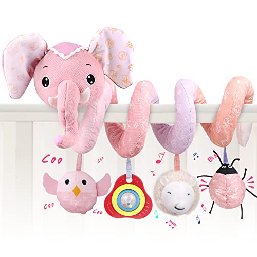 Image of JERICETOY Plush Baby Car Seat and Stroller Toy - Spiral Elephant with Music, Squeaker, and Rattles for Car Seat, Stroller, Crib, Bassinet