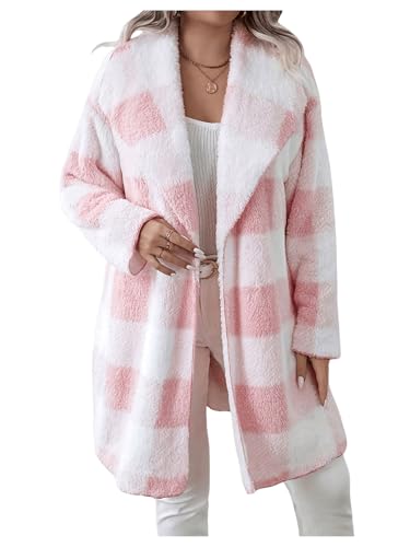 Image of SOLY HUX Women's Plus Size Plaid Cardigan Fuzzy Fleece Lapel Open Front Long Sleeve Outerwear Coat Pink Plaid XX-Large Plus