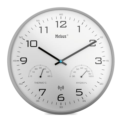 Mebus Horloge Murale Radio-pilotée Moderne avec Affichage de la température et de l'humidité, 30 cm, Horloge Radio-pilotée, Salon, Horloge de Cuisine/Modèle : 52842 / Couleur : Gris
