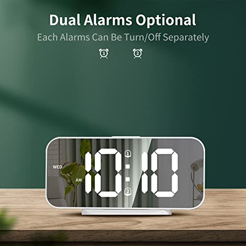 Alanas Digital Alarm Clock With Dual Alarms, Mirror Led Bedroom Alarm Clocks For Kids, Adjustable Brightness, Snooze, 2 Usb Ports For Cellphone Charging, 12/24 Hour Display. #TOP1