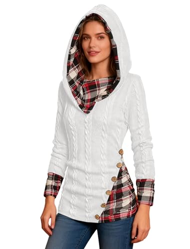 Image of ZEZCLO Women's Twisted Cable Knit Plaid Print Hooded Sweater Mock Button Ruched Shawl Neck Knit Top