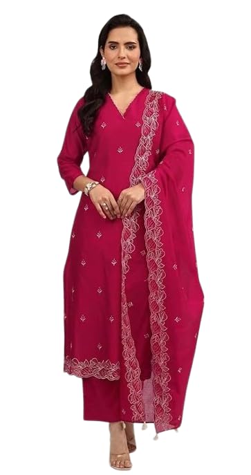 pr traditional vault Women's Embroidered Kurta Set, Rani Pink, Straight Kurti with Pants, Floral Border, 3/4 Sleeves-picture-47