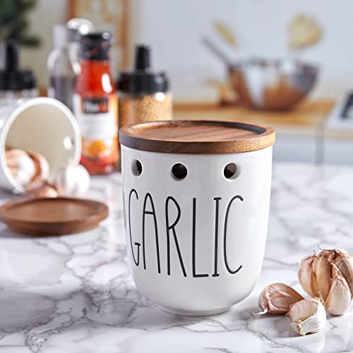 Dayyet Garlic Keeper For Counter, Ceramic Garlic Keeper With Acacia Wood Lid, Garlic Holder Storage Container To Keep Your Garlic Cloves Fresh Longer, Garlic Saver For Kitchen, White #TOP5