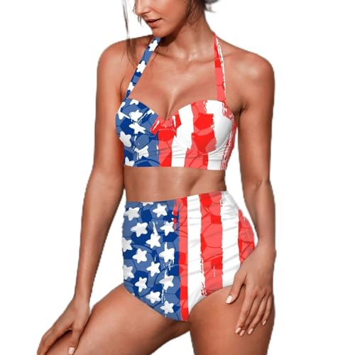 Gzzxiailg Soccer American Flag Women's Two Piece Bathing Suits Two Piece Triangle Top Bikini Set Tummy Control Bandeau Top High Waisted Bottom Swimsuits Beachwear Off Shoulder