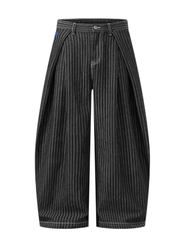 Aelfric Eden Pinstripe Baggy Barrel Jeans Pleated Wide Leg Denim Pants Men Women Loose Fit Streetwear Vintage Trousers Black XL - image 1