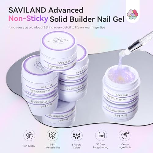 Image of SAVILAND Advanced Non-Sticky Solid Builder Nail Kit: 6PCS Aurora Colors 30 Days Long-Wear Sculpting Gel for Nails Art 4 in 1 3D Gel Nail Art with Castor Oil Salon Use