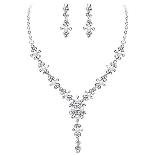EVER FAITH Ivory Color Simulated Pearl Austrian Crystal Wedding Flower Necklace Earrings Set Clear