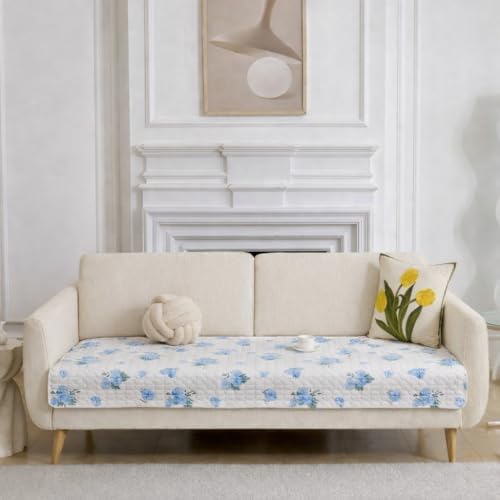 Image of HOMETHREADS Anti-Skid Sofa Protector Mat: Premium Printed Cotton Slipcover with Strong PVC Non-Slip Backing, (White Blue, 3 Seater | 180x75cm)
