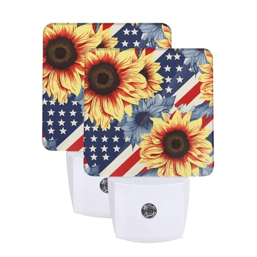Image of Sunflowers Floral Stripes Flag LED Plug-in Night Light 2-Pack, Auto Sensor Nightlights Set of 2 for Bedroom Bathroom Corridors