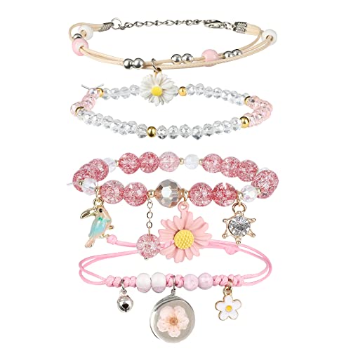 Image of 4 Pcs Beaded Cute Bracelets for Teen Girls Women, Dainty Cute Cartoon Crystal Beads Pearl Stretch Charm Handmade Adjustable Anklets Bracelet Set Birthday Gift for Friends