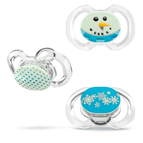 Smilo Baby Christmas Pacifier - 3 Pack of Slimline Dummies for Babies from 9+ Months - 100% Silicone Glow in the Dark Binky BPA Free - Blue Winter