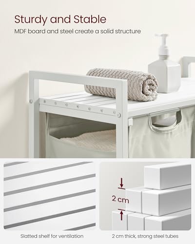 VASAGLE Wäschekorb 2 Fächer, Wäschesammler mit Ablage, Wäschebox, Wäschesack aus Oxford-Gewebe abnehmbar, Metallrahmen, 2 x 46 L, 73 x 33 x 72 cm, cremeweiß-mattweiß BLH201W01