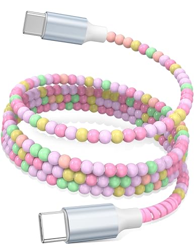 Image of USB C to USB C Cable 6FT,60W Beaded Charger Cord Fast Charging for iPhone 17 16 15 Pro Max /iPad Pro Air 11th for Samsung S26 S25 S24 Ultra S23 A16 /Android Phone Charger Cord Cute Girl Women,Pink-Green