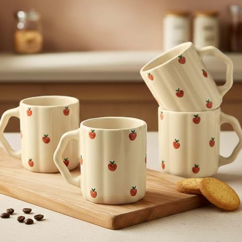 Image of The Earth Store Cream Apple Coffee Mug - 300ML Ceramic Coffee Mugs Set of 4 | Microwave & Dishwasher Safe Mugs for Gift | Home | Office | Restaurant | Daily Use