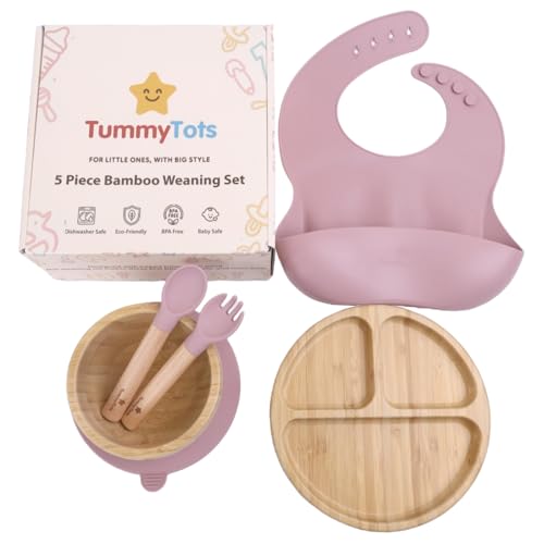 TummyTots 5Pcs Pink Bamboo Baby Weaning Set - Baby Feeding Set with Bamboo Baby Bowls & Baby Plate Silicone Bib Wooden Spoon & Fork | Baby Weaning Essentials with Bamboo Plates | Baby Gifts
