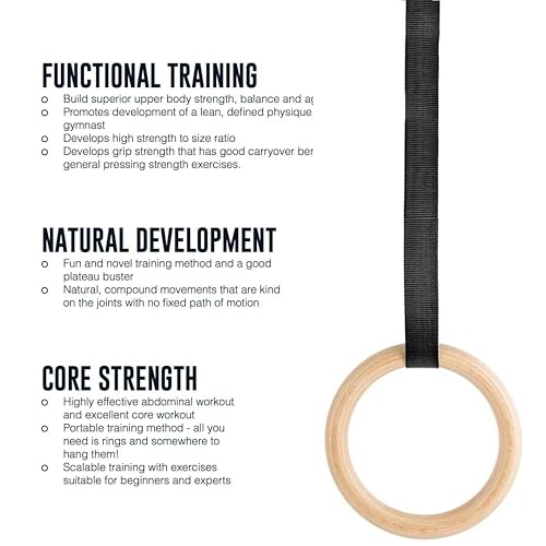 Image of Wood Gymnastics Rings with Adjustable Cam Buckle Straps Exercise Non-Slip Training for Home Gym Full Body Workout.