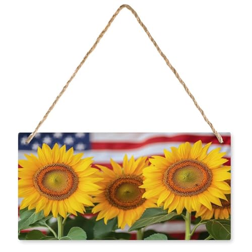 Bandiera americana con girasoli in legno da parete, rustica, decorazione da appendere al giardino