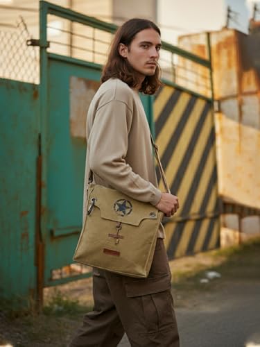 Image of The House of tara Sturdy Cotton Canvas Messenger Bags for Men and Women | With two Magnetic Snap Buttons Flap Closure, Adjustable Body Strap & Multiutility Lobster Hook (Beige)