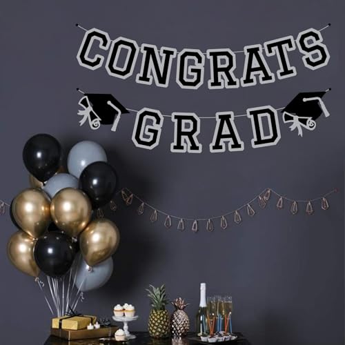 Image of Congrats Grad Banner Graduation Party Banner Decoration Hanging Garland High School College Backdrop Supplies Silver Grey