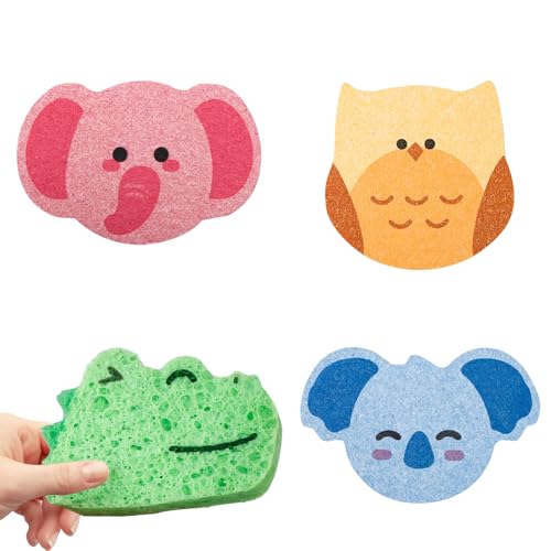 WOLMIK Éponges de Bain - Lot de 4 Formes d'Animaux Naturelles pour Nouveau-nés et Bébé, Douces pour la Peau