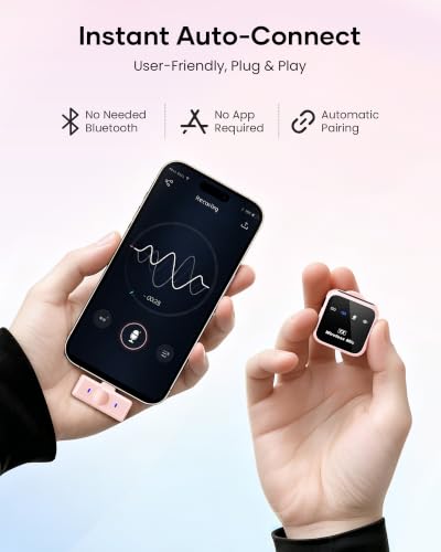 Image of Wireless Lavalier Microphone for iPhone iPad Android with Charging Case 80h Battery Life, Noise Cancellation, 164ft Range Plug-Play Clip On Lapel Mic for YouTube, Video Recording, Vlog (Pink)