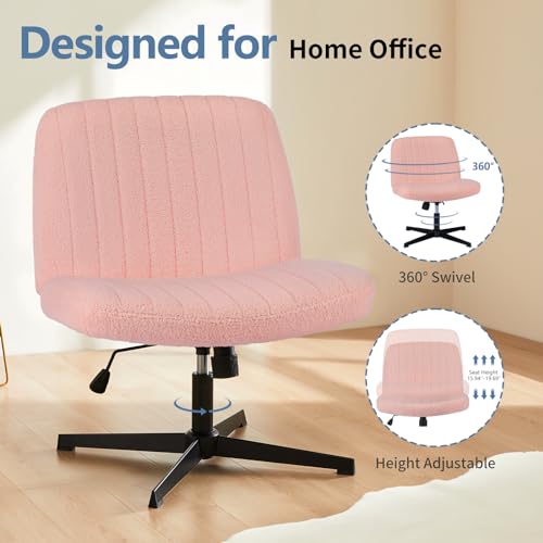 Image of DUMOS Criss Cross Chair No Wheels, Cross Legged Office Desk Armless Vanity Chiar Wide Seat, Height Adjustable Swivel Computer Task Chairs for Home Bedroom, Pink Teddy