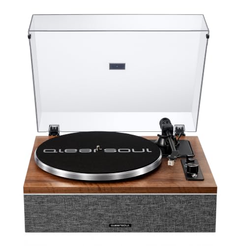 Qlearsoul ONE-S Vinyl Record Player with Bluetooth Input/Output | All-in-One Vintage Turntable Built in Speakers, Phono Preamp & DSP, AT-3600L Cartridge, 33/45 RPM (Walnut)