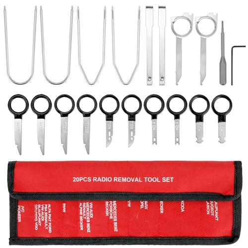 QWORK Radio Removal Tool Kit, 20 Pcs Ergonomic Stereo CD Player Removal Key Set for Most Cars and Trucks, Steel