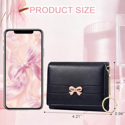 Image of Sunwel Fashion Cute Coquette Bow Wallet with Key-chain Aesthetic Card Holder ID Window for Women Girls (392BLACK)