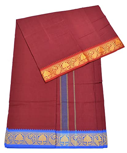 Image of TUNI MANI Men's Panchakacham Dhoti with Angavasthram Towel, Jari Border, 100% Cotton, Size: 9 X 5 (4.0mtr Dhoti, 2.25mtr Towel) (Unstitched)