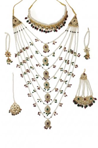 Image of TAZAKKA satlada traditional indian seven stand pearl necklace mughal hisporicall with jadavi earrings side jhumar maang tikka 5pies set