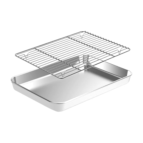 Juego de bandejas de horno – bandejas cuadradas antiadherentes de acero con rejilla de refrigeración | Rejilla para cocción y enfriador – para cocina, parrillas al aire libre, terraza, jardín, camping
