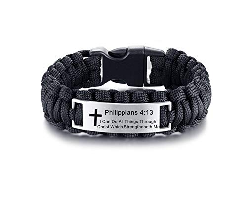 LF Mens Stainless Steel Philippians 4 13 Bible Verse Outdoor Black Rope Paracord Survival Bracelet,Christ Cross Bible Quote Scripture Cuff Bracelets for Adult Hiking Camping Hunting Activities