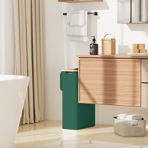 YOUDENOVA Cesta para la ropa sucia con tapa, 48 L, estrecha, con bolsa de lavandería, plegable, clasificador de ropa sucia, de madera de bambú, cestas altas para la colada, color verde - imagen 5