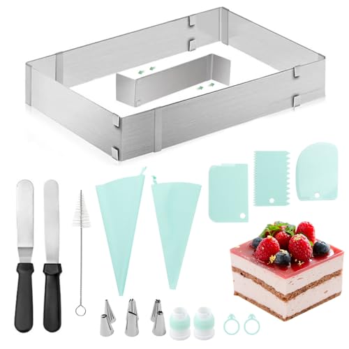 Nzkeuf Molde Pastel Mousse Ajustable, Molde Pastel Acero Inoxidable 5 cm Altura, Rectangular Anillo Pastel Cuadrado con Separador, Rasqueta, Espátula, Manga Pastelera, Adecuado para Pasteles y Mousse