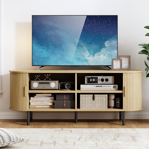Image of 55 inch TV Stand with Power Outlet, Modern Media Console with Sliding Doors, Entertainment Center for TVs up to 60 Inch, Adjustable Shelves, Oak