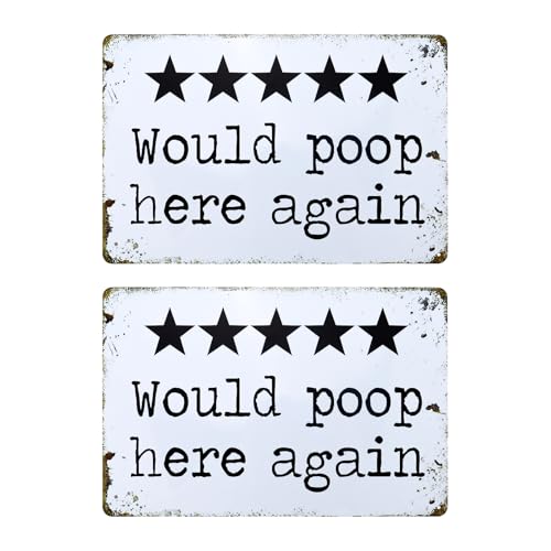 Panneau de salle de bain « Would Poop Here Again » avec 5 étoiles, 20,3 x 30,5 cm - Décoration murale vintage en métal pour porte de toilettes, intérieur...