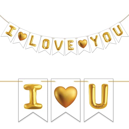Image of Wobbox White & Golden Balloon inchI Love You inch Bunting Banner for Anniversary, Pre-Wedding & Wedding, Love Banner for Decoration