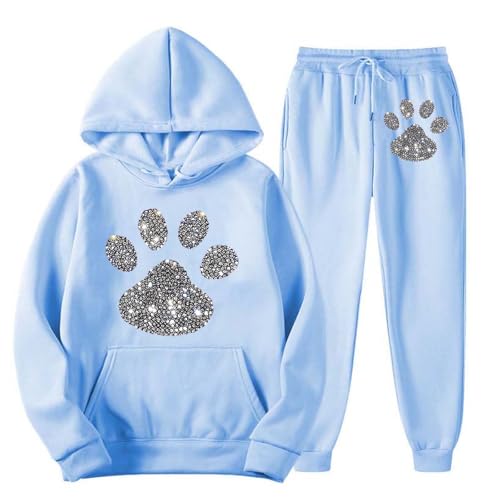 NSICBMNO Blue Two Piece Outfit Women Winter Tracksuit Set Oversized Hoodie Fleece Lined Trousers Sweatsuit Full Set Pullover Sweatshirt Jogging Pants Gym Sets Fleece Lounge Wear Sets Jogger