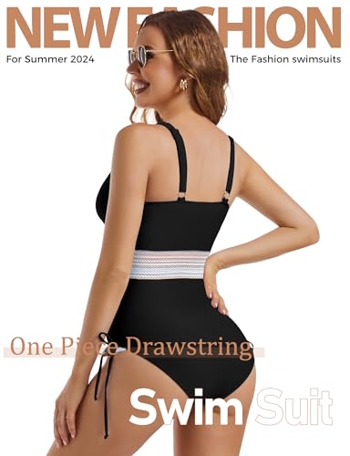 Buauty Women's One Piece Swimsuits Tummy Control Bathing Suits for Womens Color Block Drawstring V Neck Slimming Swimwear3